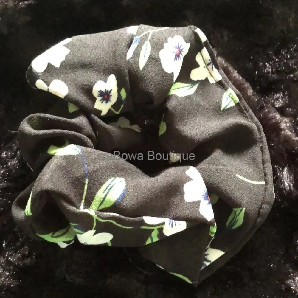 Black Flower Chiffon Scrunchie  (kids)  SC2789  Handmade NWT Boutique
